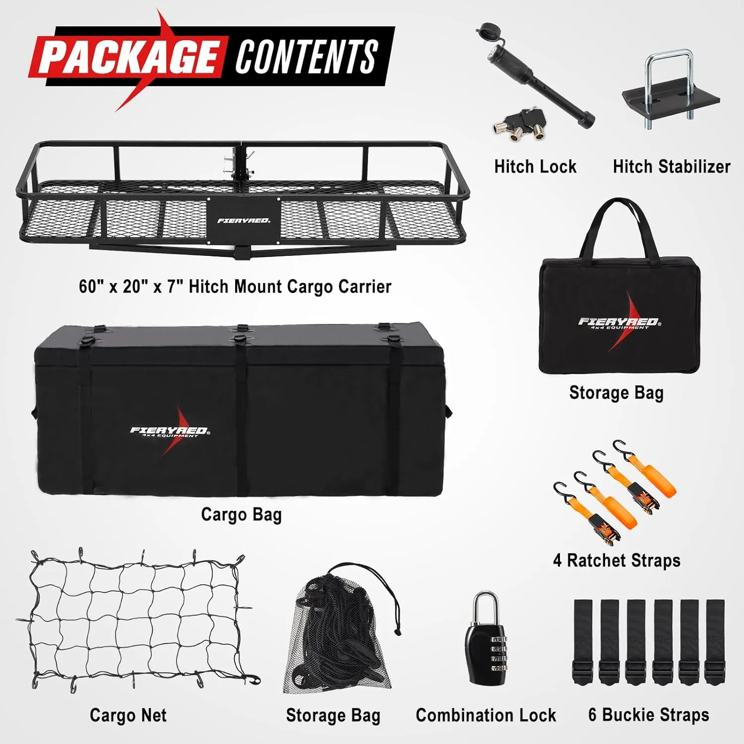 FIERYRED 60" x 20" x 7" Folding Hitch Cargo Carrier with Waterproof Cargo Bag, 500 LBS Capacity Hitch Mount Cargo Basket with Hitch Stabilizer, Net, Lock& Straps, Fit 2" Receiver for SUV, Truck, Car