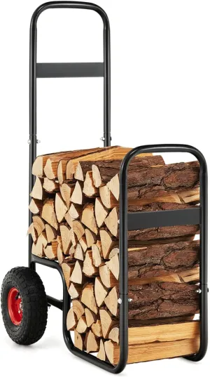 Firewood Log Cart Carrier, Outdoor & Indoor Steel Wood Rack Storage Mover with 2 Large Rubber Wheels, Heavy Duty Steel Fireplace Log Carrier Mover, Rolling Wheeled Dolly Hauler, Black