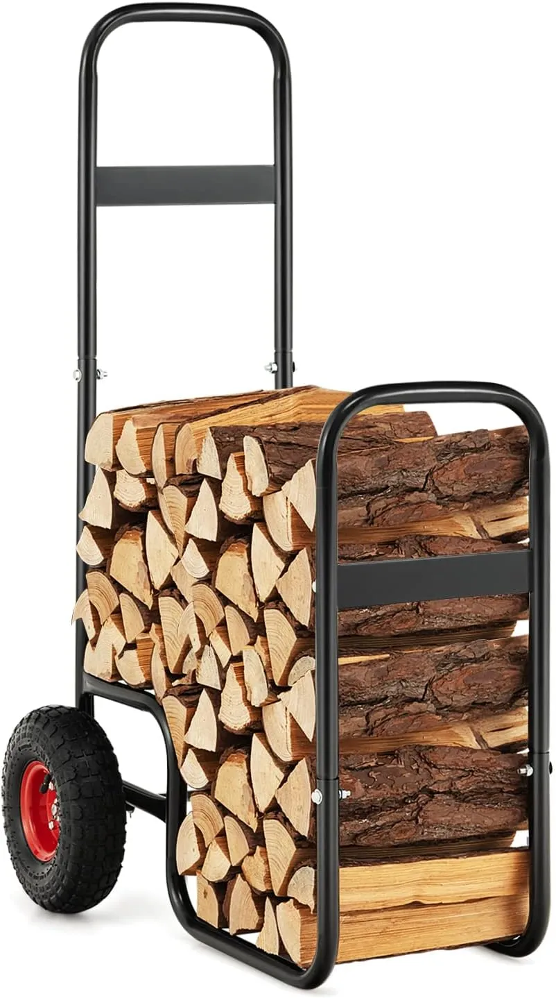 Firewood Log Cart Carrier, Outdoor & Indoor Steel Wood Rack Storage Mover with 2 Large Rubber Wheels, Heavy Duty Steel Fireplace Log Carrier Mover, Rolling Wheeled Dolly Hauler, Black