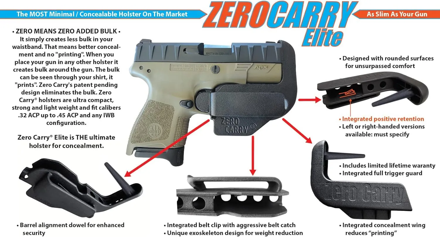 Fits Glock 45. Zero Carry Elite in Waistband Holster. As Slim as Your Gun. Invisible, Comfortable, and Secure. Built in Gun Retention and Trigger Guard. Lightweight with Zero Added Bulk