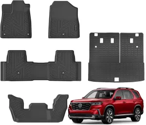 Floor Mats & Cargo Liner with Backrest Mat for Honda Pilot 2023 2024 2025 All Weather Protection TPE Rubber Full Set Floor Liners Trunk Mat for 2024 Honda Pilot Automotive Accessories, Black