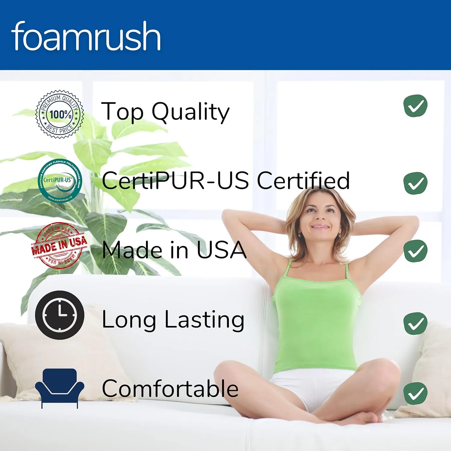 FoamRush 6" x 18" x 20" Upholstery Foam High Density Firm Soft Support (Chair Cushion Square Foam for Dining Chairs, Wheelchair Seat Cushion Replacement)