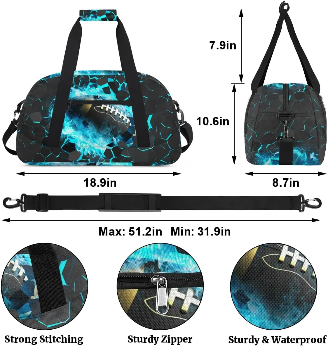 Football Kids Duffle Bag, Overnight Weekender Bag Travel Duffle Bag Carry-On Tote for Swim Sport Gym Bag for Boys Girls
