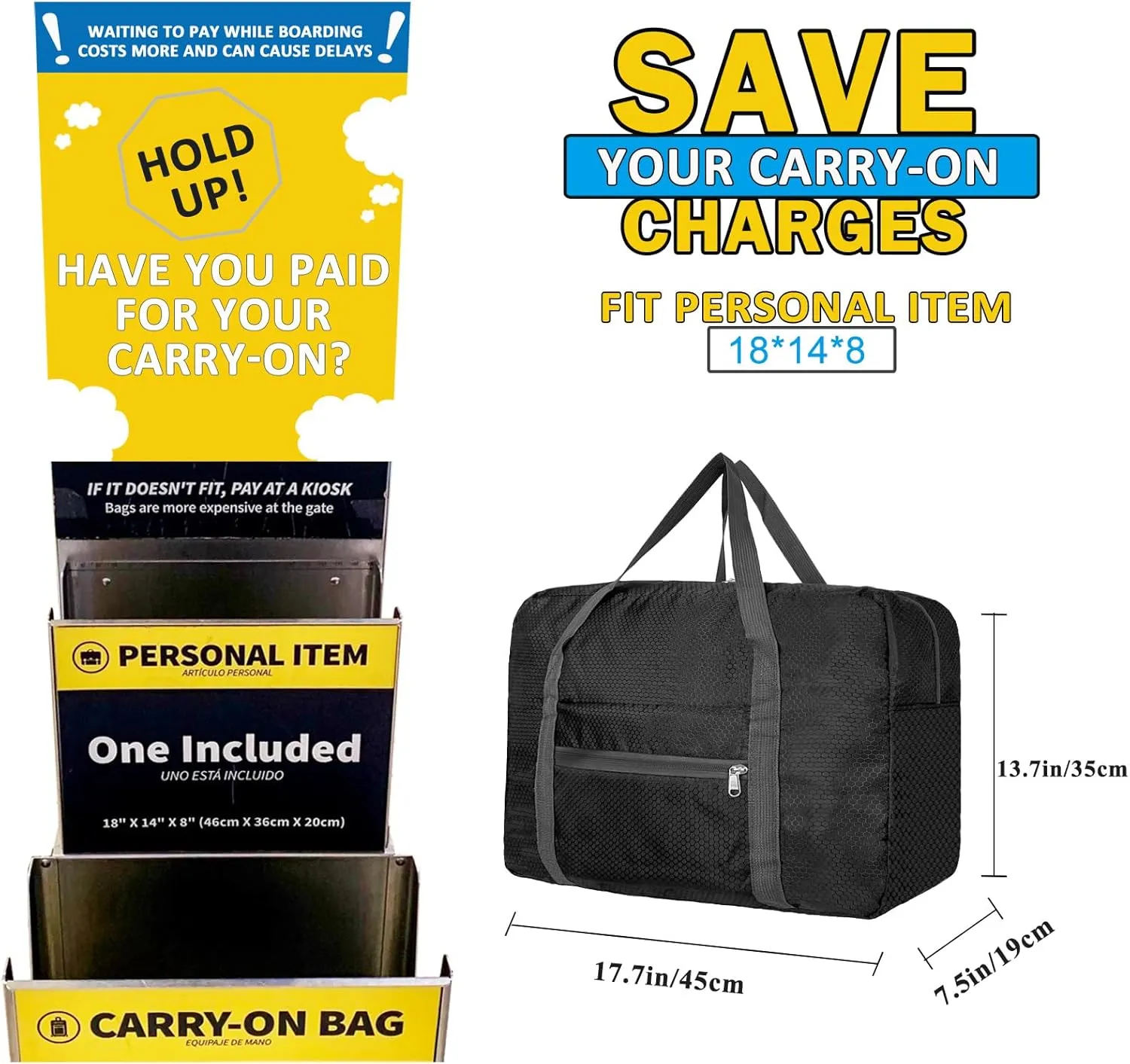 For Spirit Airlines Personal Item Bag 18x14x8 Foldable Carry on Bags for Airplanes Travel Duffel Bags for Women and Men