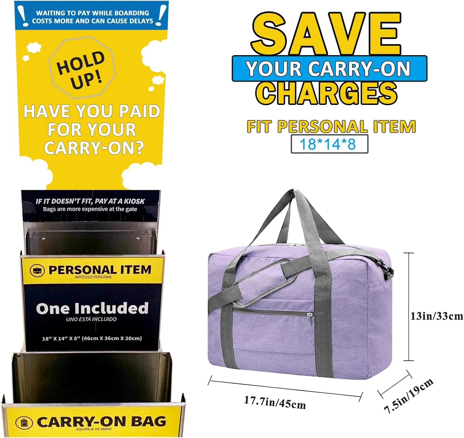 For Spirit Airlines Personal Item Bag 18x14x8 Foldable Carry on Bags for Airplanes Travel Duffel Bags for Women and Men