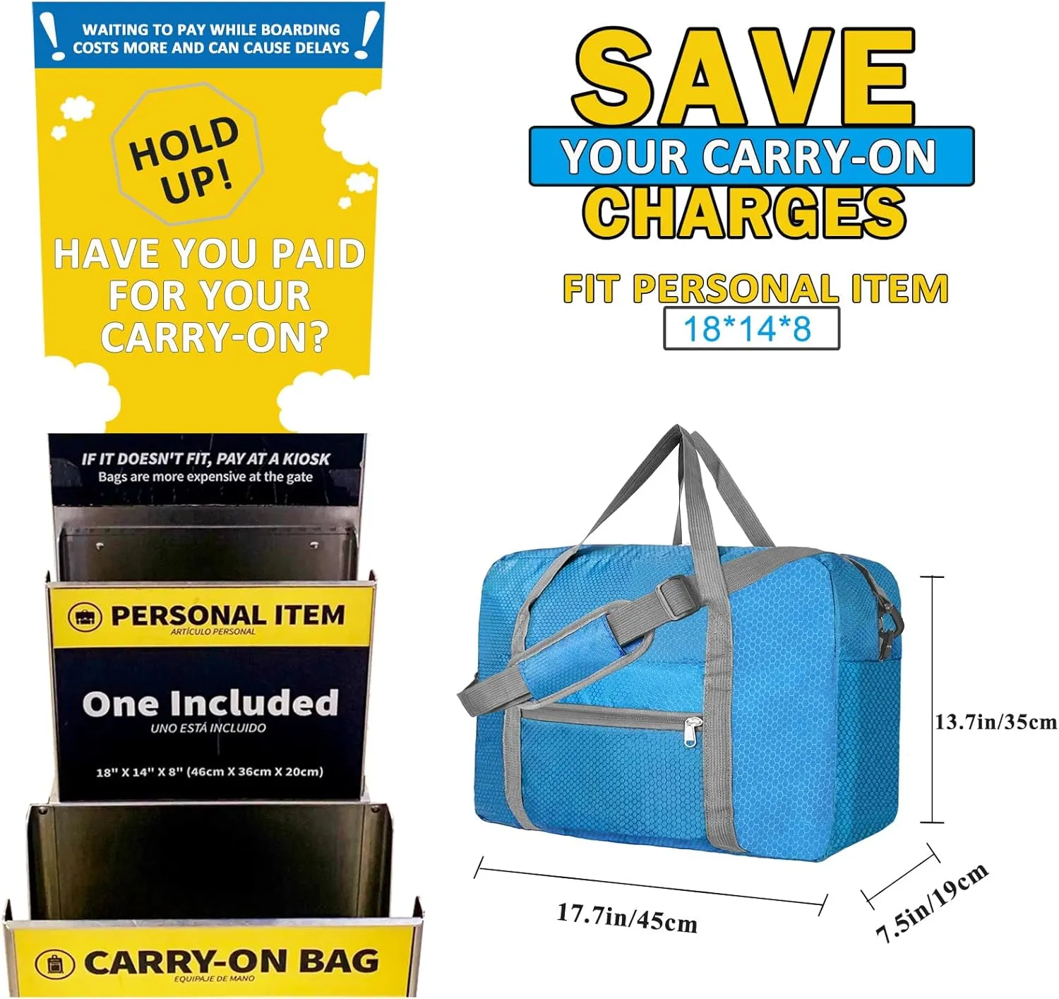 For Spirit Airlines Personal Item Bag 18x14x8 Foldable Carry on Bags for Airplanes Travel Duffel Bags for Women and Men