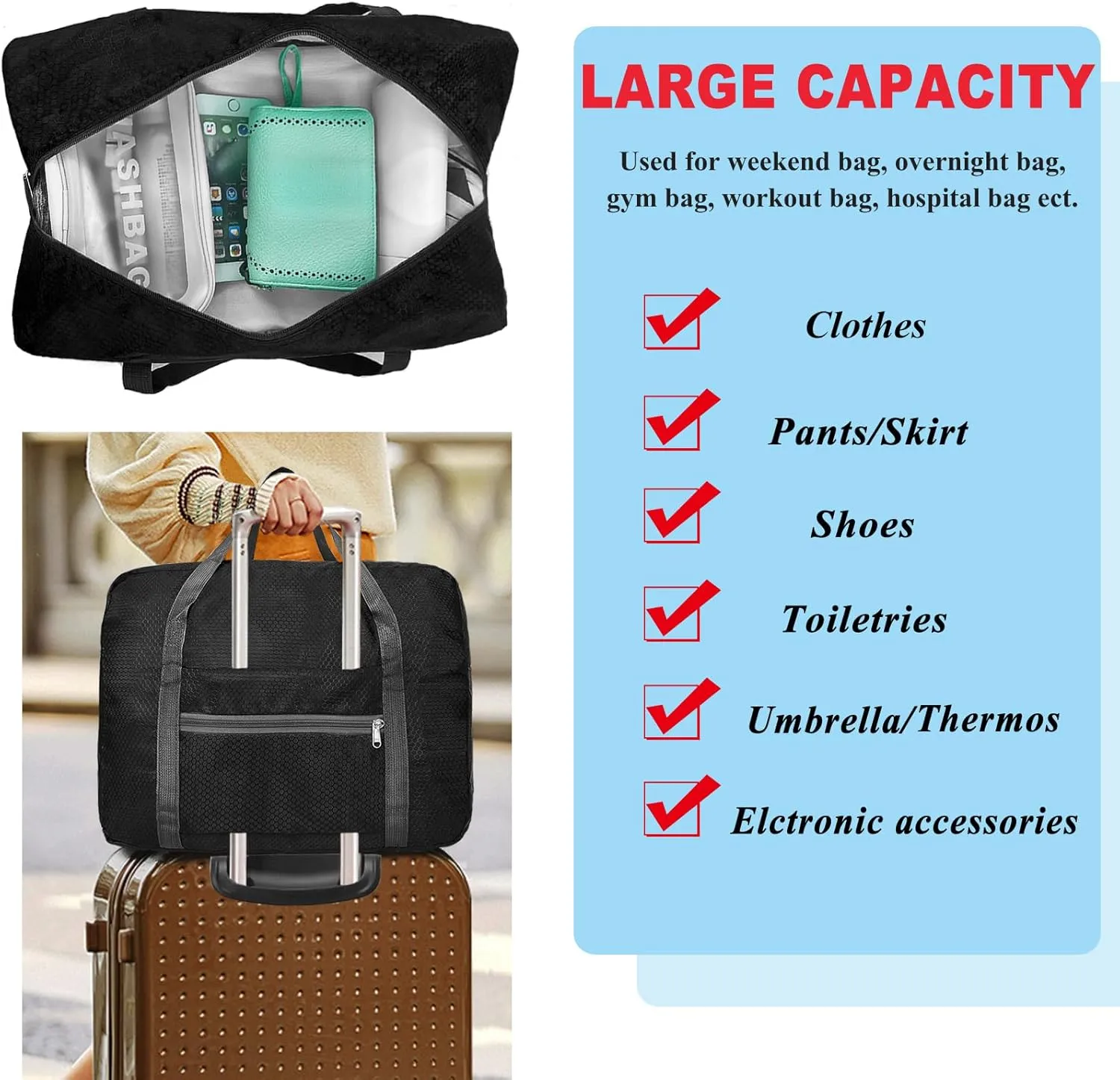 For Spirit Airlines Personal Item Bag 18x14x8 Foldable Carry on Bags for Airplanes Travel Duffel Bags for Women and Men