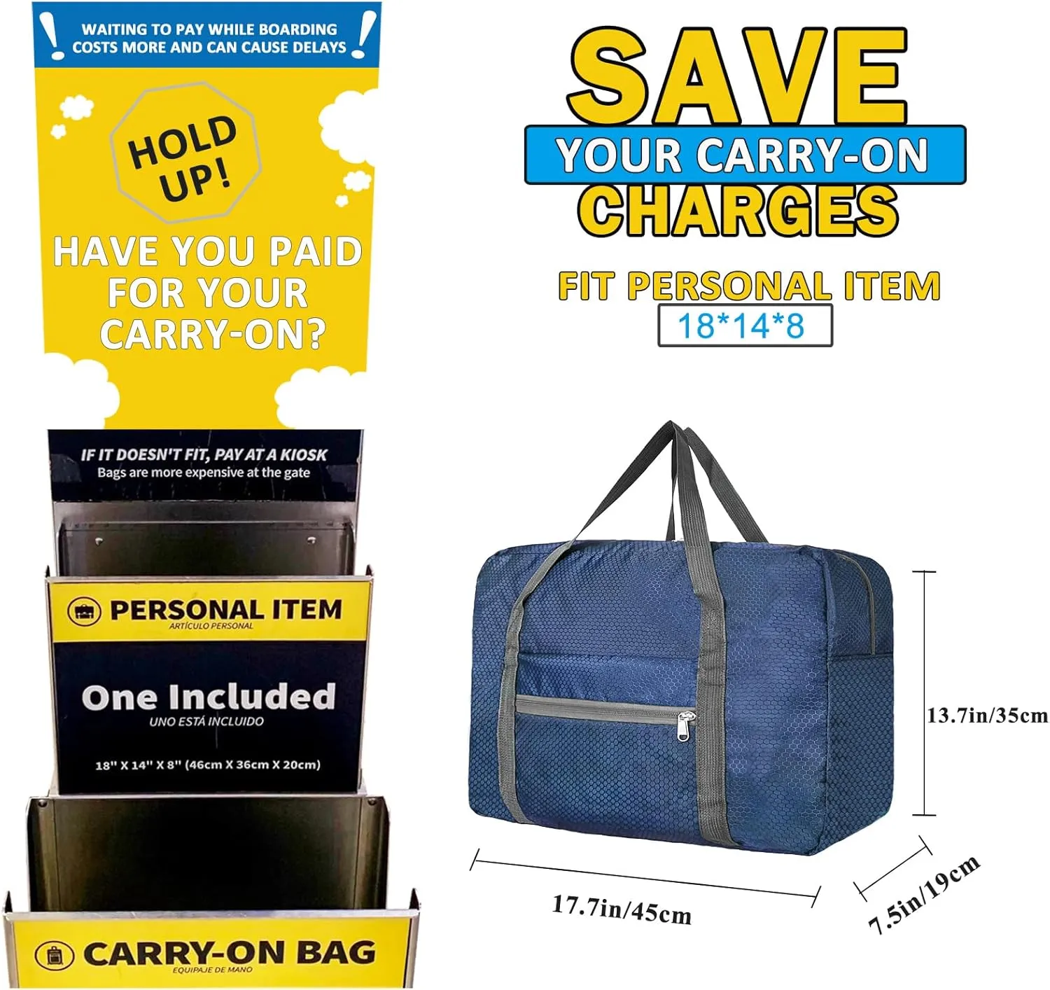 For Spirit Airlines Personal Item Bag 18x14x8 Foldable Carry on Bags for Airplanes Travel Duffel Bags for Women and Men