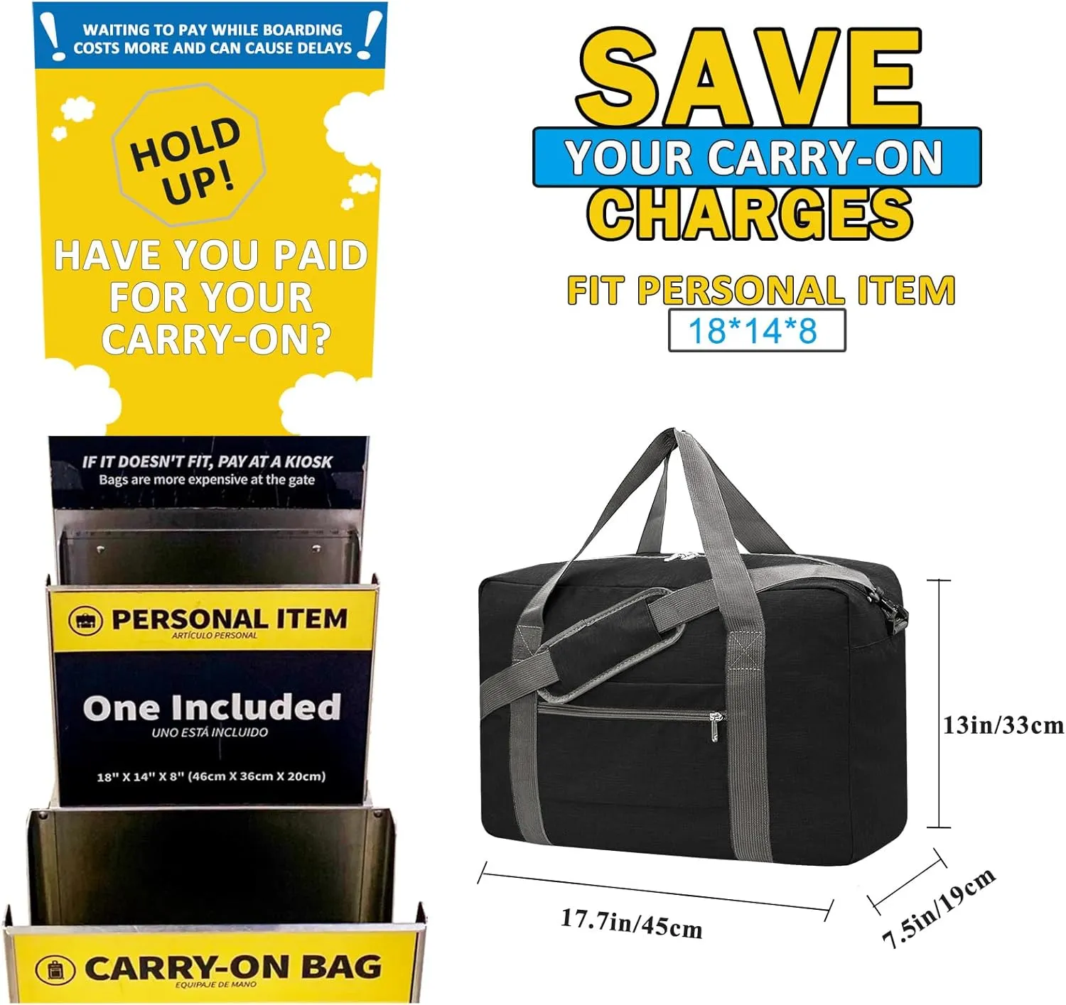 For Spirit Airlines Personal Item Bag 18x14x8 Foldable Carry on Bags for Airplanes Travel Duffel Bags for Women and Men