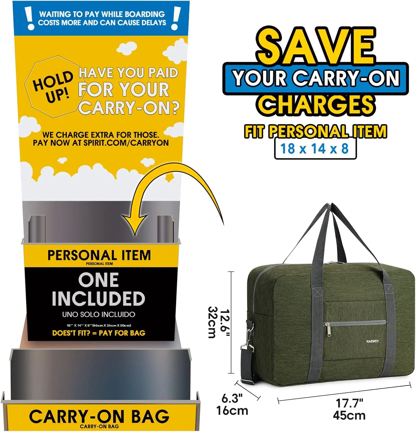 For Spirit Airlines Personal Item Bag 18x14x8 Foldable Travel Duffel Bag Tote Carry on Luggage Duffle Overnight for Women and Men