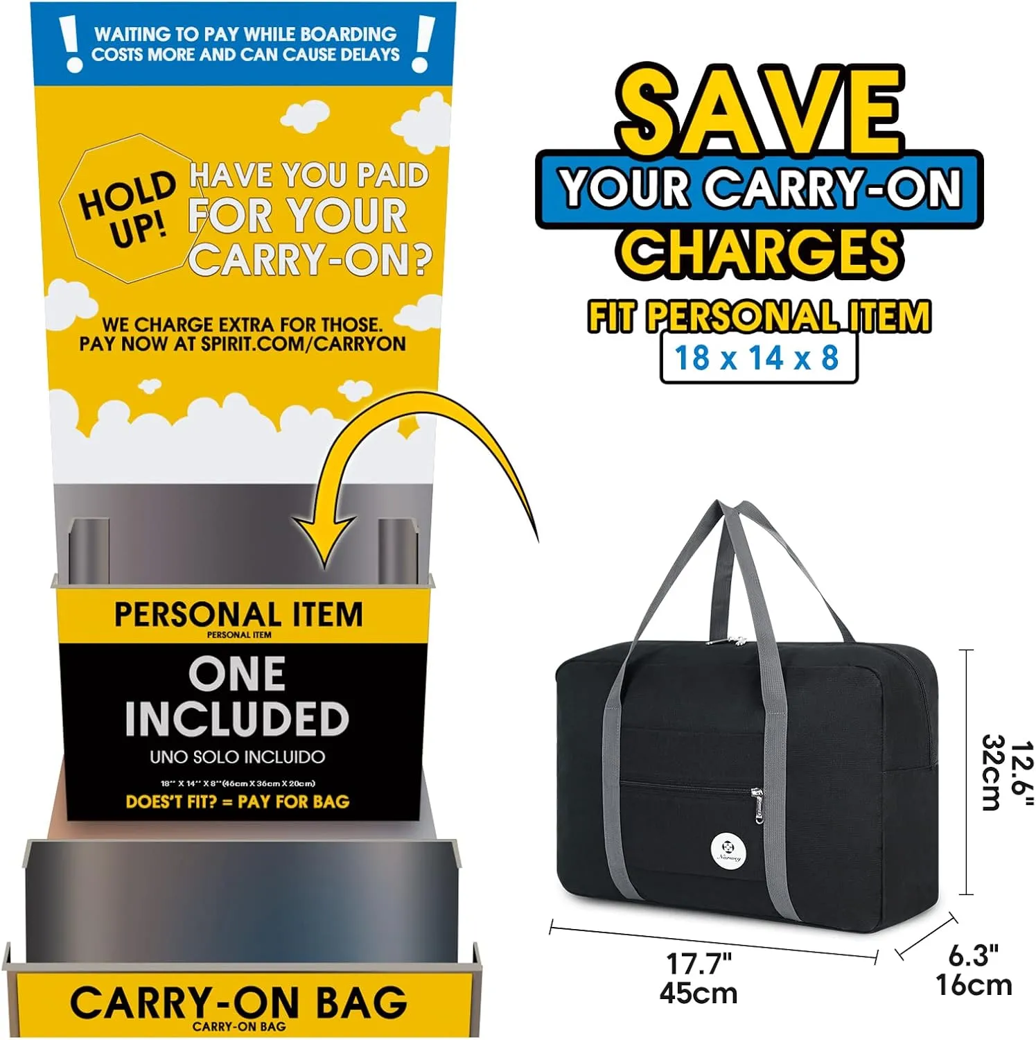For Spirit Airlines Personal Item Bag 18x14x8 Foldable Travel Duffel Bag Tote Carry on Luggage Duffle Overnight for Women and Men