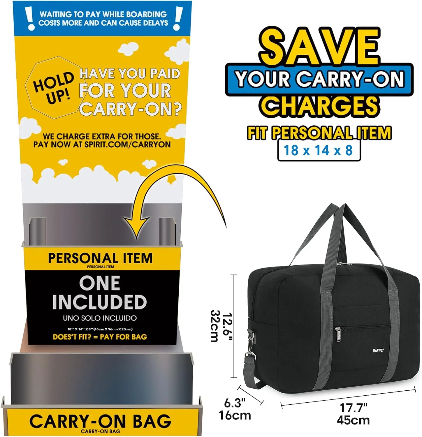 For Spirit Airlines Personal Item Bag 18x14x8 Foldable Travel Duffel Bag Tote Carry on Luggage Duffle Overnight for Women and Men