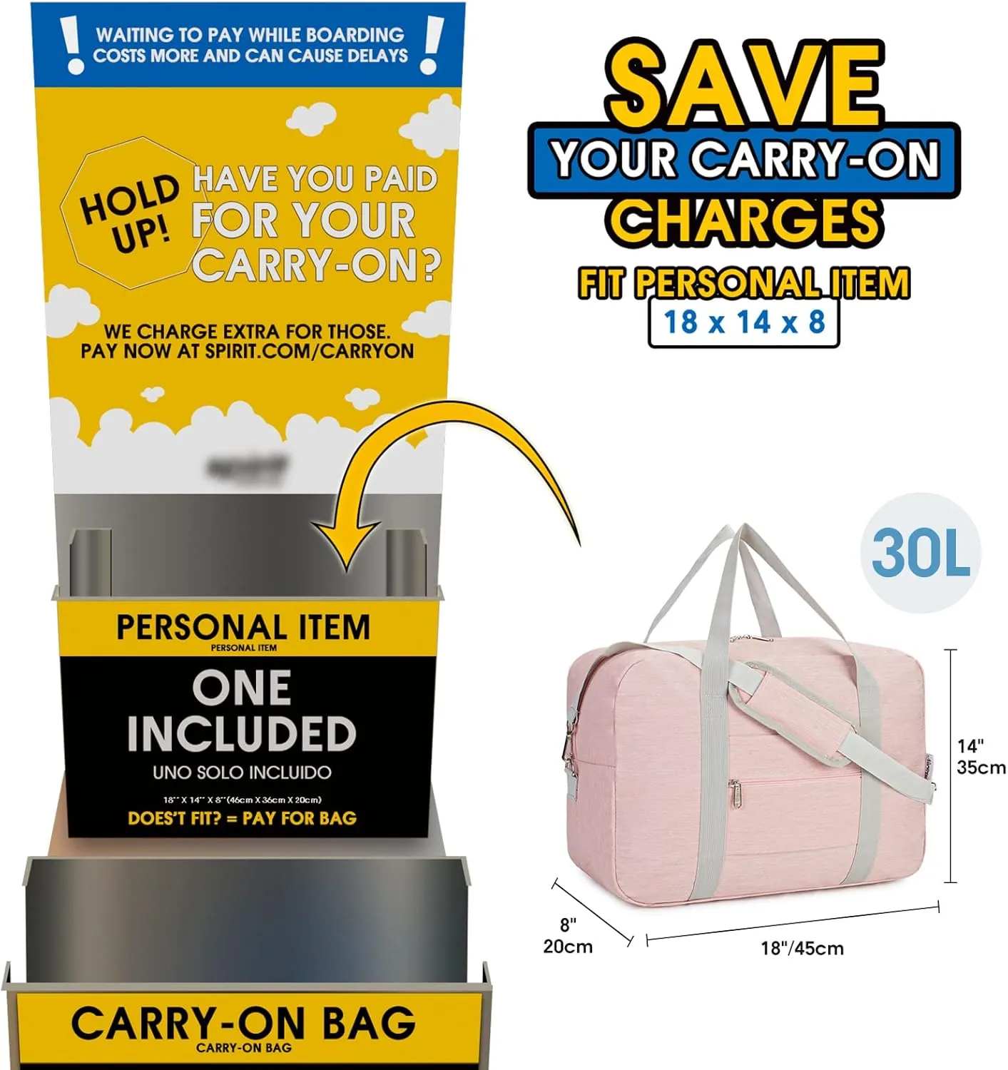 For Spirit Airlines Personal Item Bag 18x14x8 Foldable Travel Duffel Bag Tote Duffle Carry on Luggage for Women and Men 30L (Pink (With Shoulder Strap))