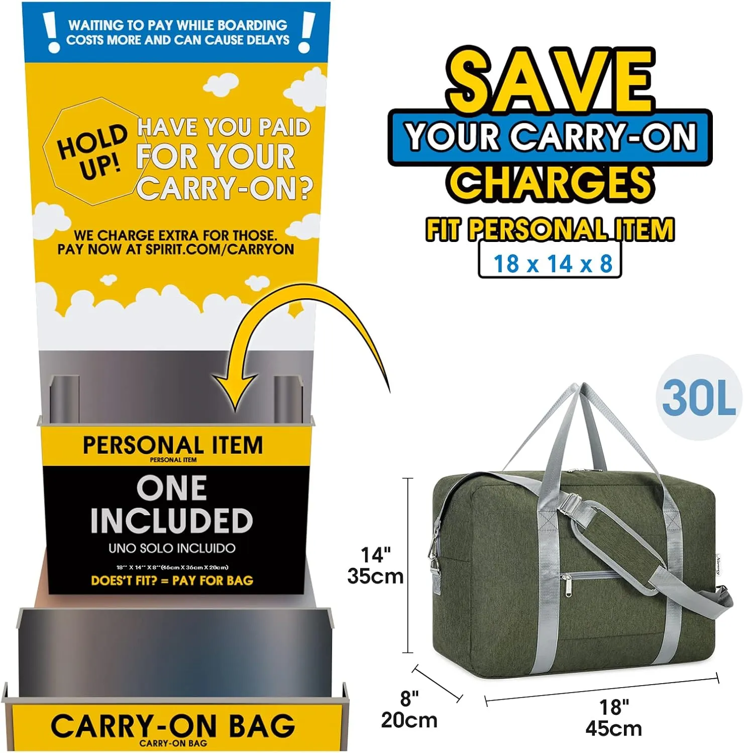 For Spirit Airlines Personal Item Bag 18x14x8 Foldable Travel Duffel Bag Underseat Carry on Luggage for Women and Men 30L (Army Green)
