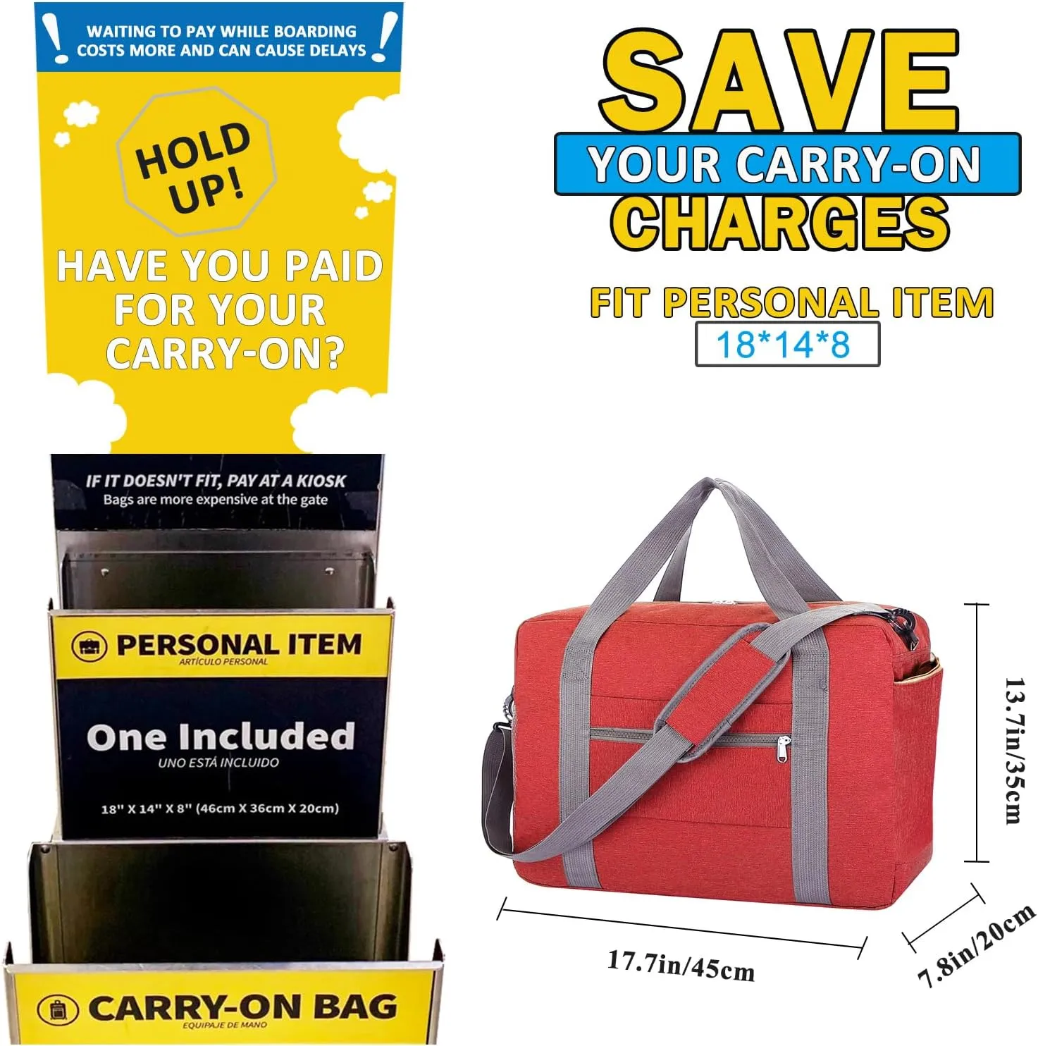 For Spirit Airlines Personal Item Bag 18x14x8 with Wet Pocket Foldable Travel Duffel Bag Underseat Carry on for Men & Women