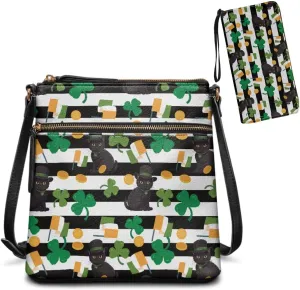 FOR U DESIGNS St. Patrick's Day Green Leaves Crossbody Bags for Women Leather Shoulder Handbags Matching Wallet Set