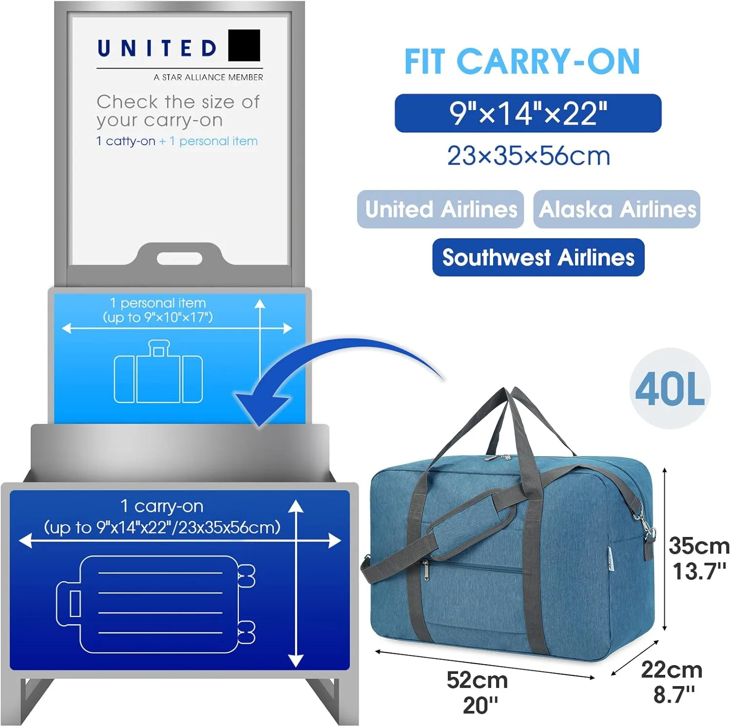 For United Airlines Foldable Carry on Bag 22x14x9 Travel Duffel Bag Packable luggage Duffle for Women and Men 40L (Navy Blue (With Shoulder Strap))
