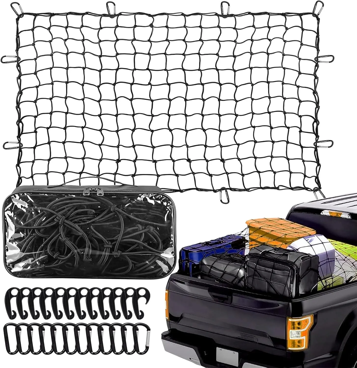 Ford,Chevy,Dodge Ram,Toyota Compatible Truck Bed Cargo Net, 4' x 6' Stretches to 8' x 12', Elastic Bungee with 24 Clips & 1 Storage Bag