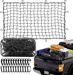 Ford,Chevy,Dodge Ram,Toyota Compatible Truck Bed Cargo Net, 4' x 6' Stretches to 8' x 12', Elastic Bungee with 24 Clips & 1 Storage Bag