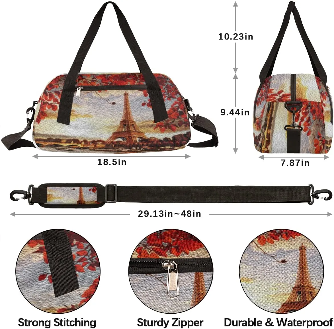 France Paris Eiffel Tower Autumn Leaves Kids Duffel Bag for Girls Boys,Tower Oil Painting Dance Bag Overnight Small Duffel Bag Carry On Weekend Sports Travel Bag for School Practice Gymnastics Ballet