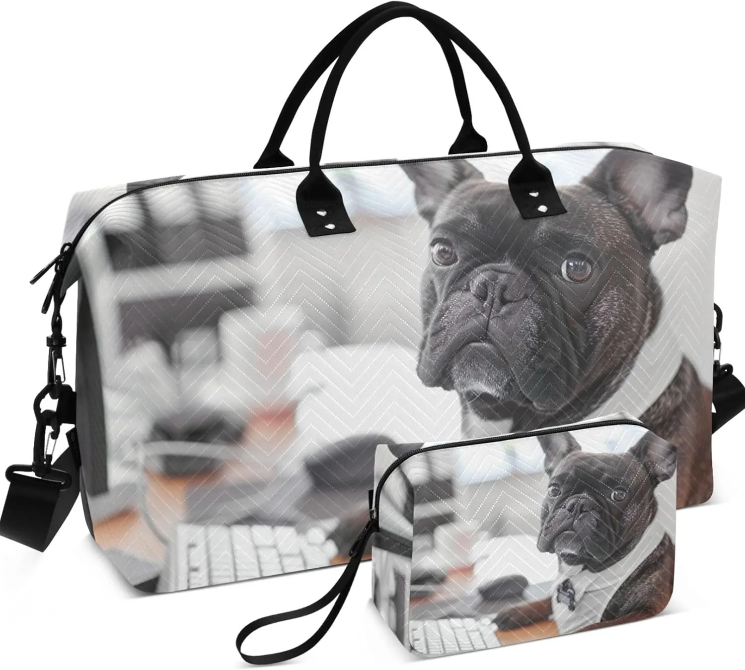 French Bulldog Works Office Duffle Travel Bag Makeup Pouch Set of 2, Fun Sports Dance Bag Carry on Bag
