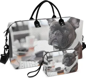 French Bulldog Works Office Duffle Travel Bag Makeup Pouch Set of 2, Fun Sports Dance Bag Carry on Bag