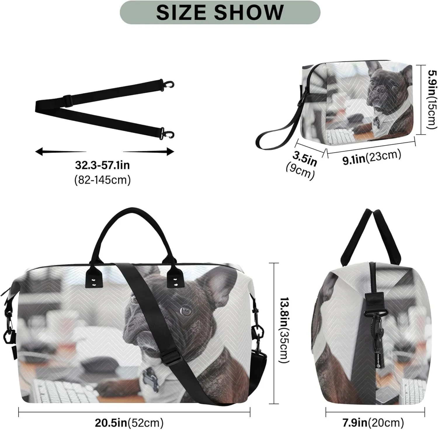 French Bulldog Works Office Duffle Travel Bag Makeup Pouch Set of 2, Fun Sports Dance Bag Carry on Bag