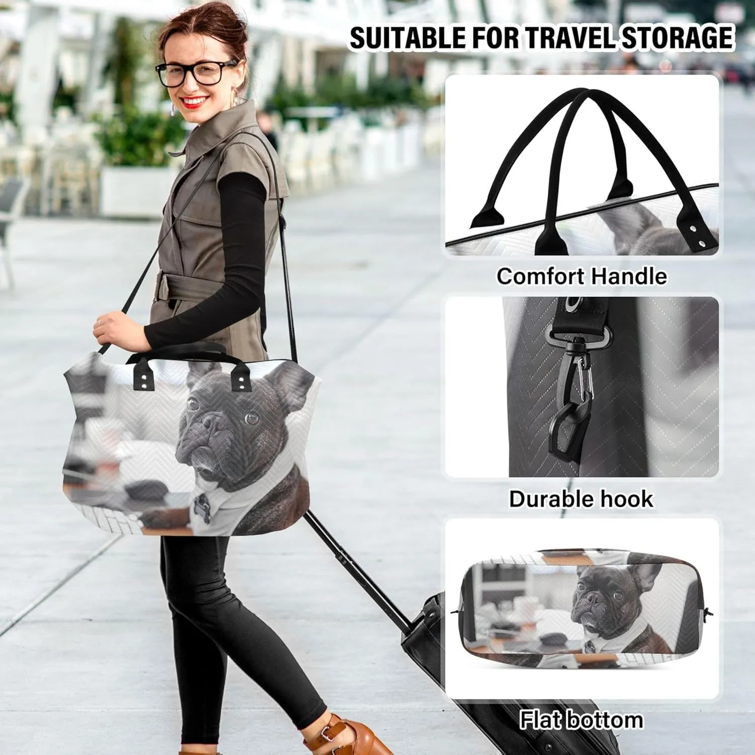French Bulldog Works Office Duffle Travel Bag Makeup Pouch Set of 2, Fun Sports Dance Bag Carry on Bag