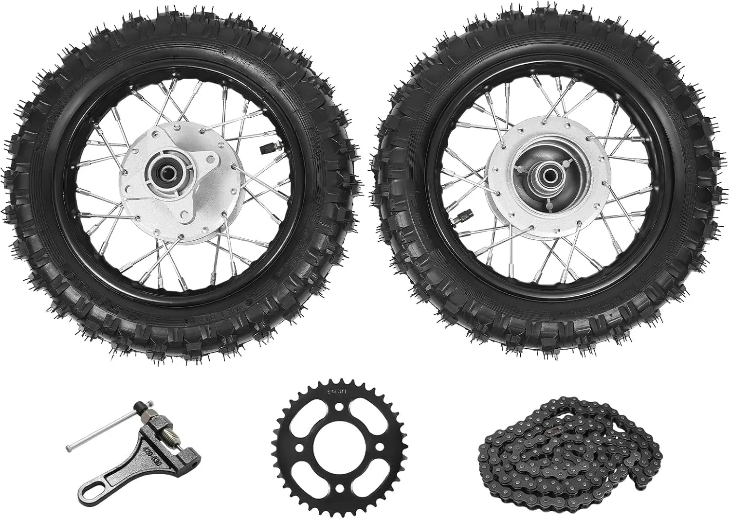 Front Rear Wheel Pair Set Fit For Honda CRF50 XR50 BBR KLX Dirt Bikes, 2.5-10 Front and Rear Wheel Tire Assembly with Chain & Sprocket