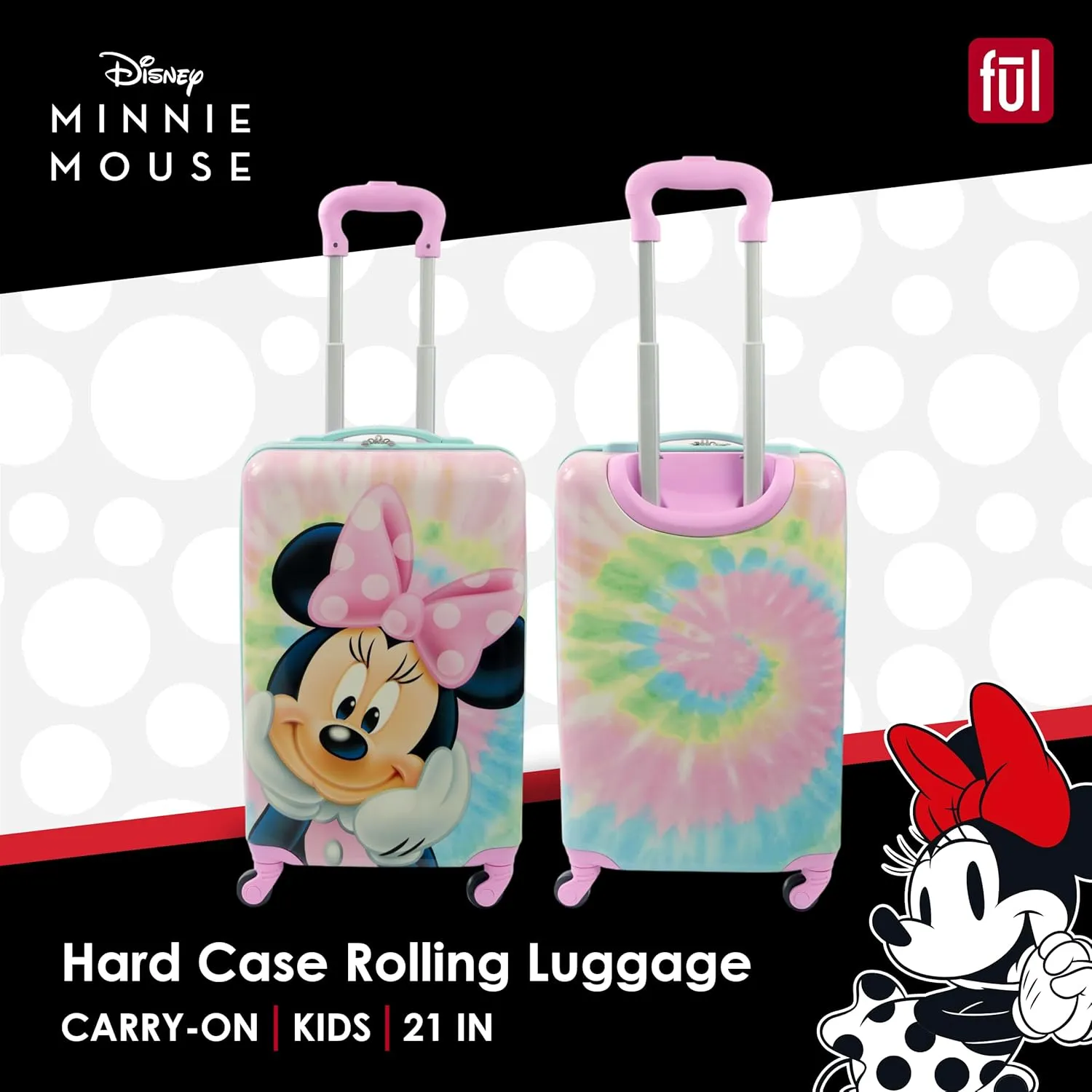FUL Disney Minnie Mouse Kids Carry On Luggage, Tie Dye Hardshell Rolling Suitcase with Spinner Wheels, Multi