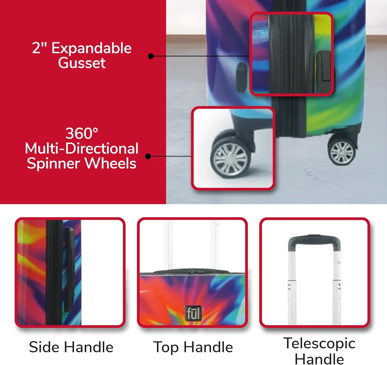 FUL Tie Dye Rolling Luggage, Rainbow Swirl Hardshell Suitcase with Spinner Wheels, 22 Inch