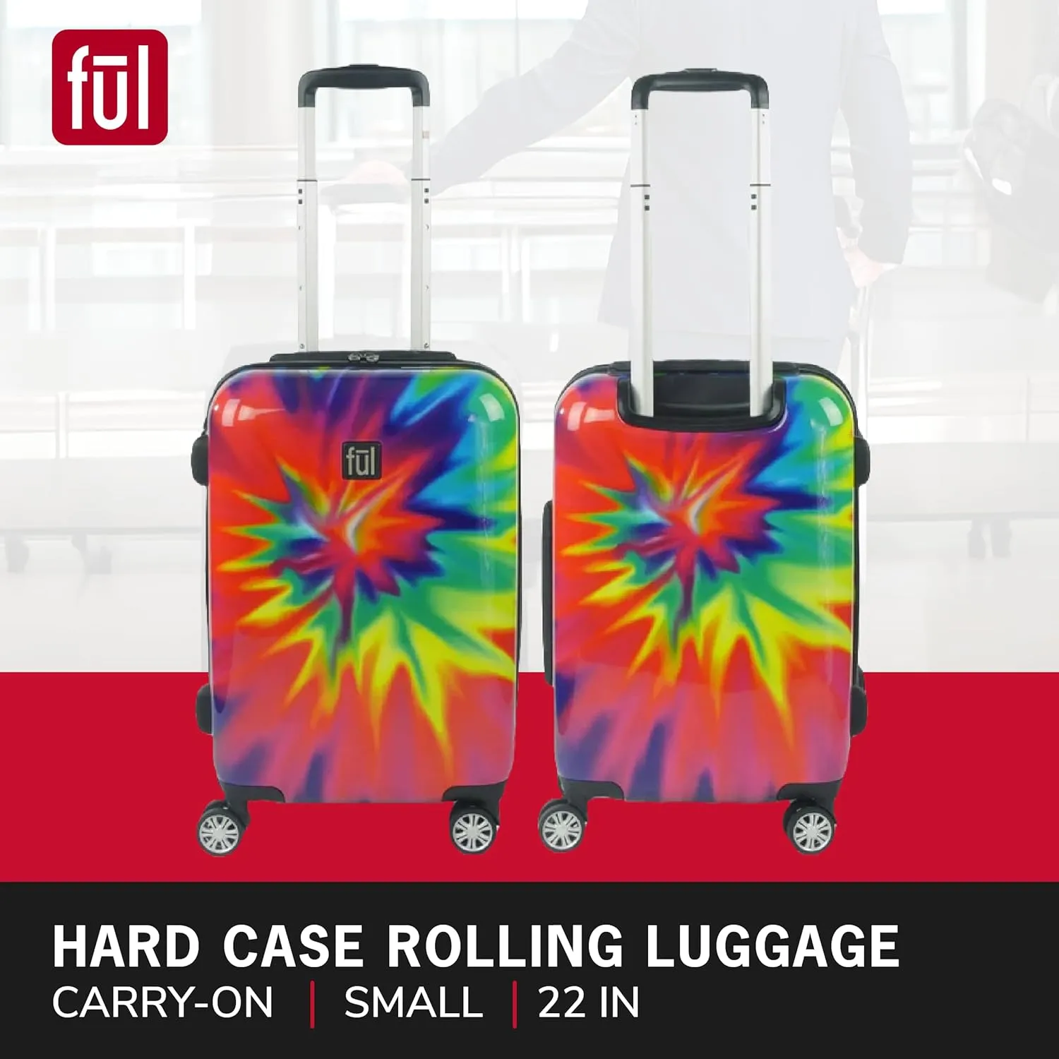 FUL Tie Dye Rolling Luggage, Rainbow Swirl Hardshell Suitcase with Spinner Wheels, 22 Inch