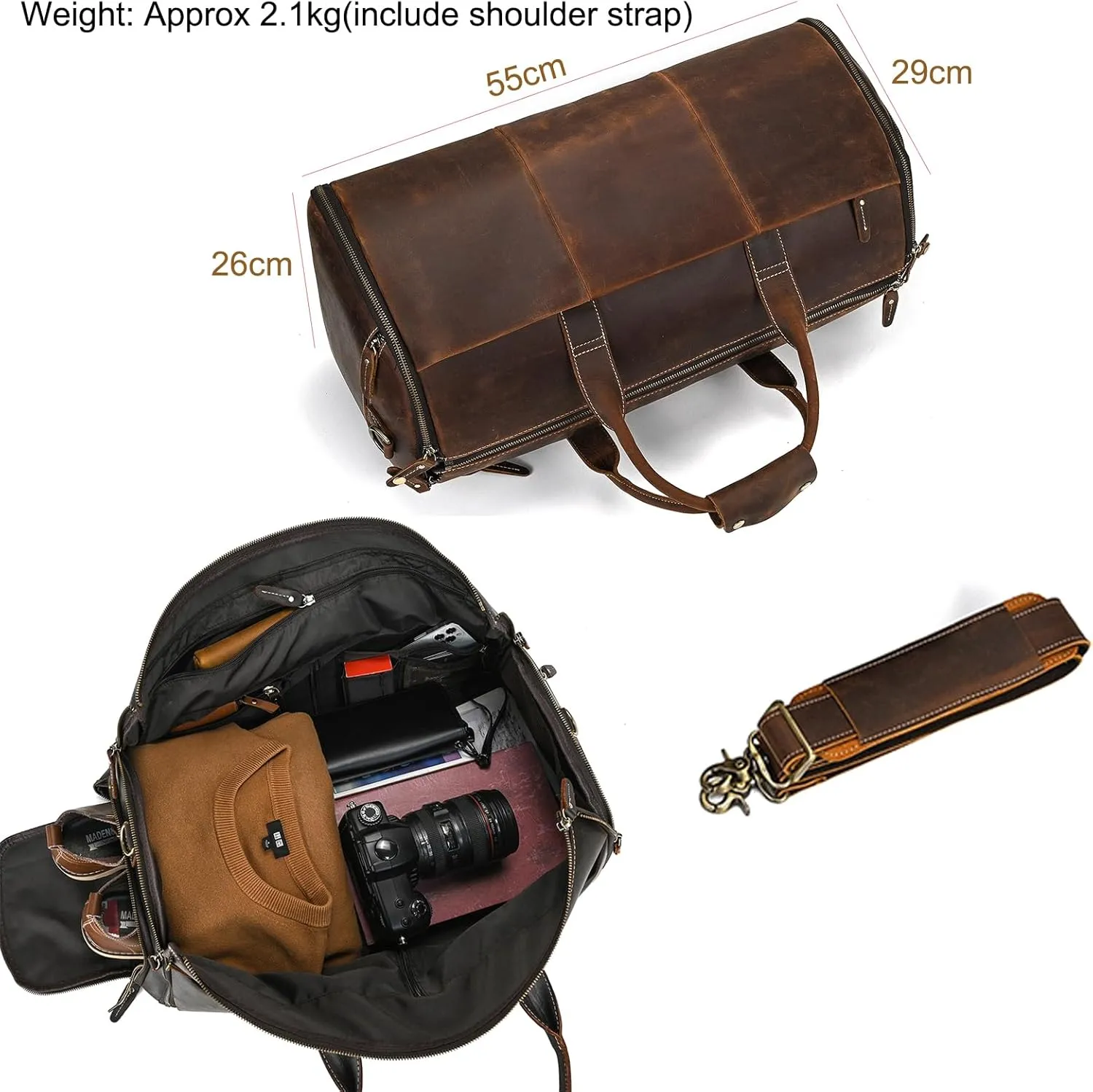 Full-grain Leather Garment Bag Large Capacity Travel Bag Business Suit Carrier Bag with Shoe Compartment, Overnight Gym Sports Duffel Bags for Men Women, Coffee