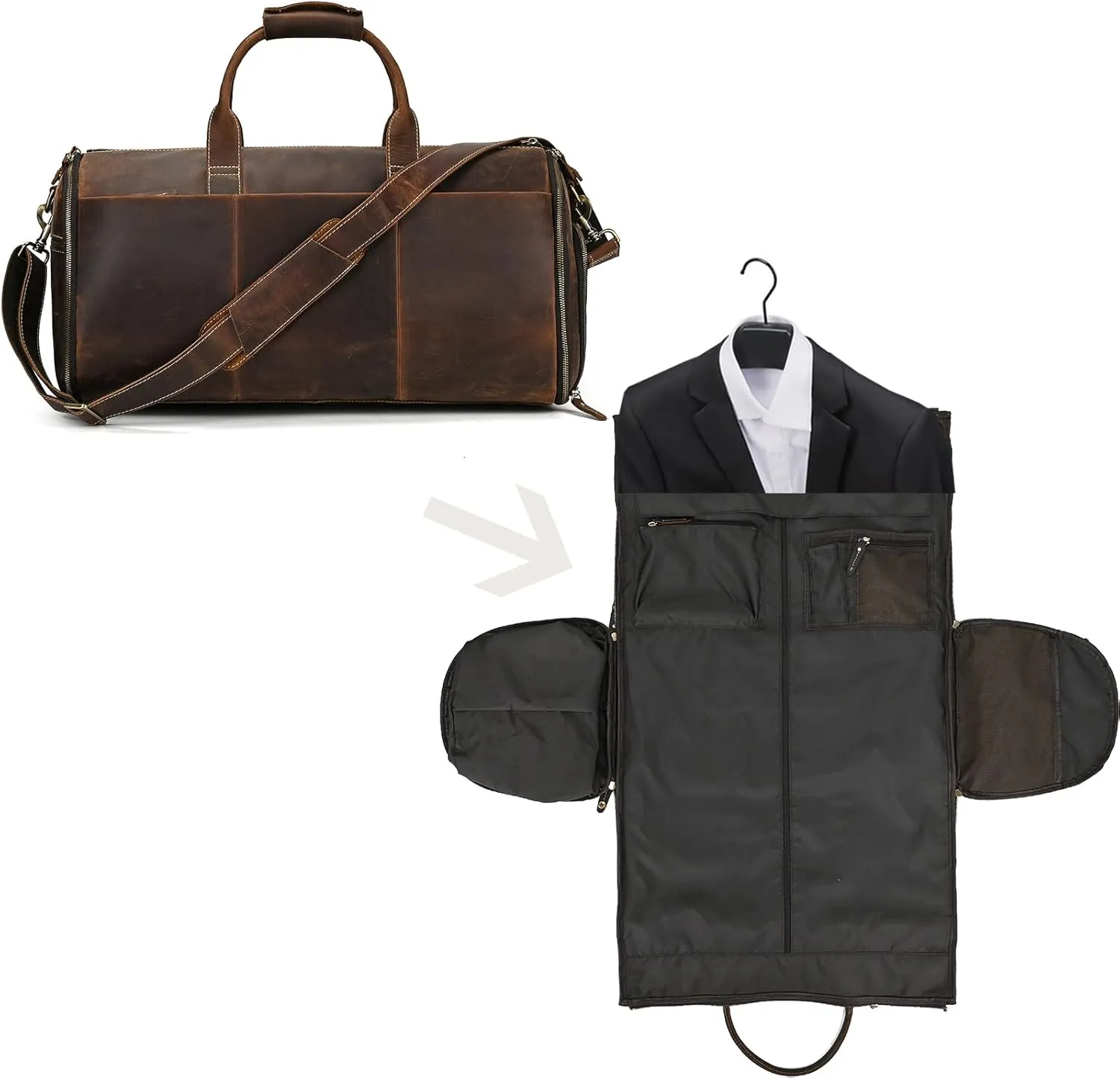 Full-grain Leather Garment Bag Large Capacity Travel Bag Business Suit Carrier Bag with Shoe Compartment, Overnight Gym Sports Duffel Bags for Men Women, Coffee