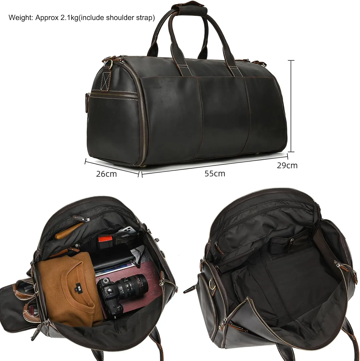 Full-grain Leather Garment Bag Large Capacity Travel Bag Business Suit Carrier Bag with Shoe Compartment, Overnight Gym Sports Duffel Bags for Men Women, Dark Brown