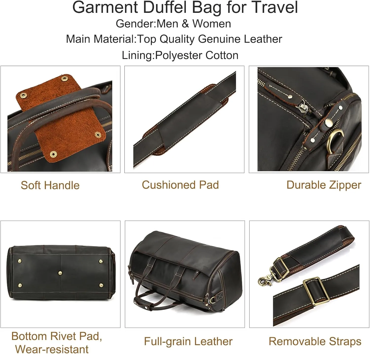 Full-grain Leather Garment Bag Large Capacity Travel Bag Business Suit Carrier Bag with Shoe Compartment, Overnight Gym Sports Duffel Bags for Men Women, Dark Brown