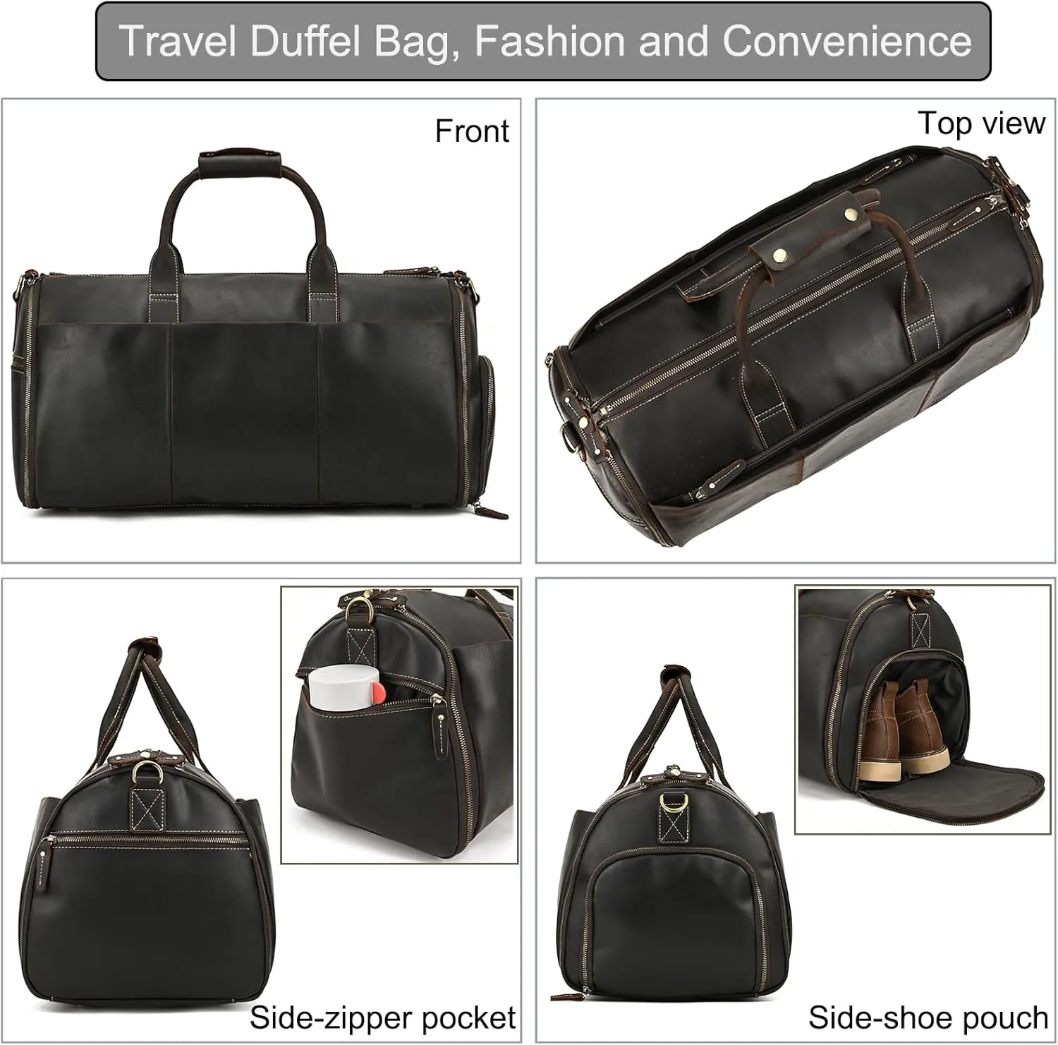 Full-grain Leather Garment Bag Large Capacity Travel Bag Business Suit Carrier Bag with Shoe Compartment, Overnight Gym Sports Duffel Bags for Men Women, Dark Brown