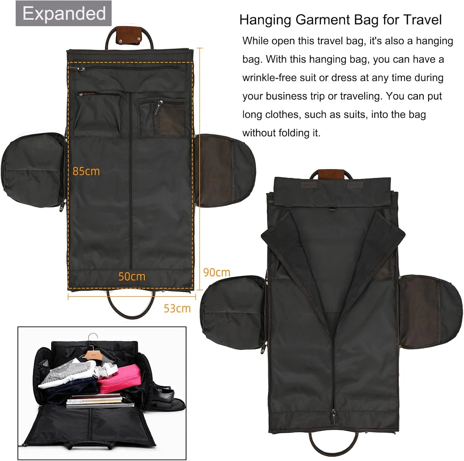 Full-grain Leather Garment Bag Large Capacity Travel Bag Business Suit Carrier Bag with Shoe Compartment, Overnight Gym Sports Duffel Bags for Men Women, Dark Brown