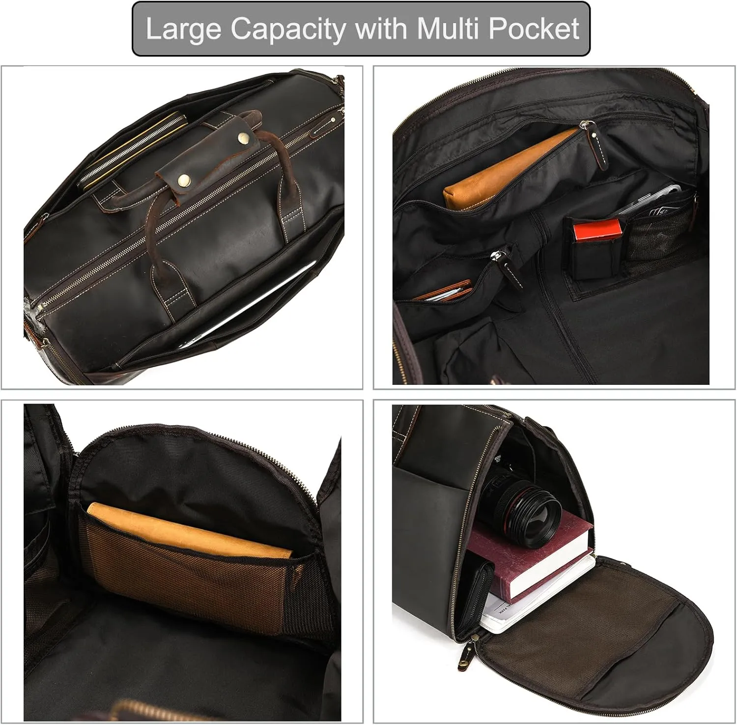 Full-grain Leather Garment Bag Large Capacity Travel Bag Business Suit Carrier Bag with Shoe Compartment, Overnight Gym Sports Duffel Bags for Men Women, Dark Brown