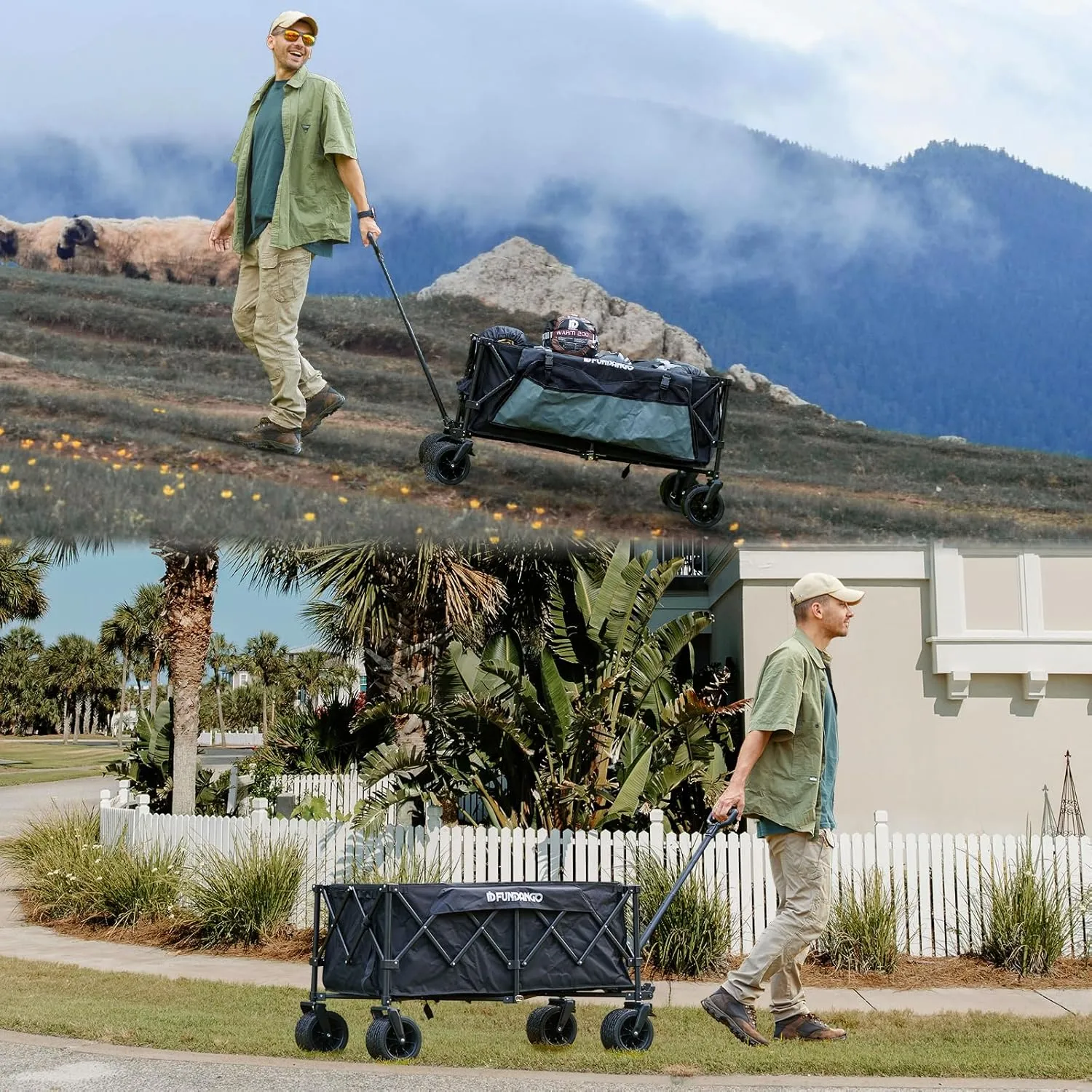 FUNDANGO 600lbs Collapsible Wagon, Foldable Beach Wagons Heavy Duty Garden Cart with Brakes, Side Pockets & All-Terrain Big Wheels for Sports Camping Shopping Groceries, Black