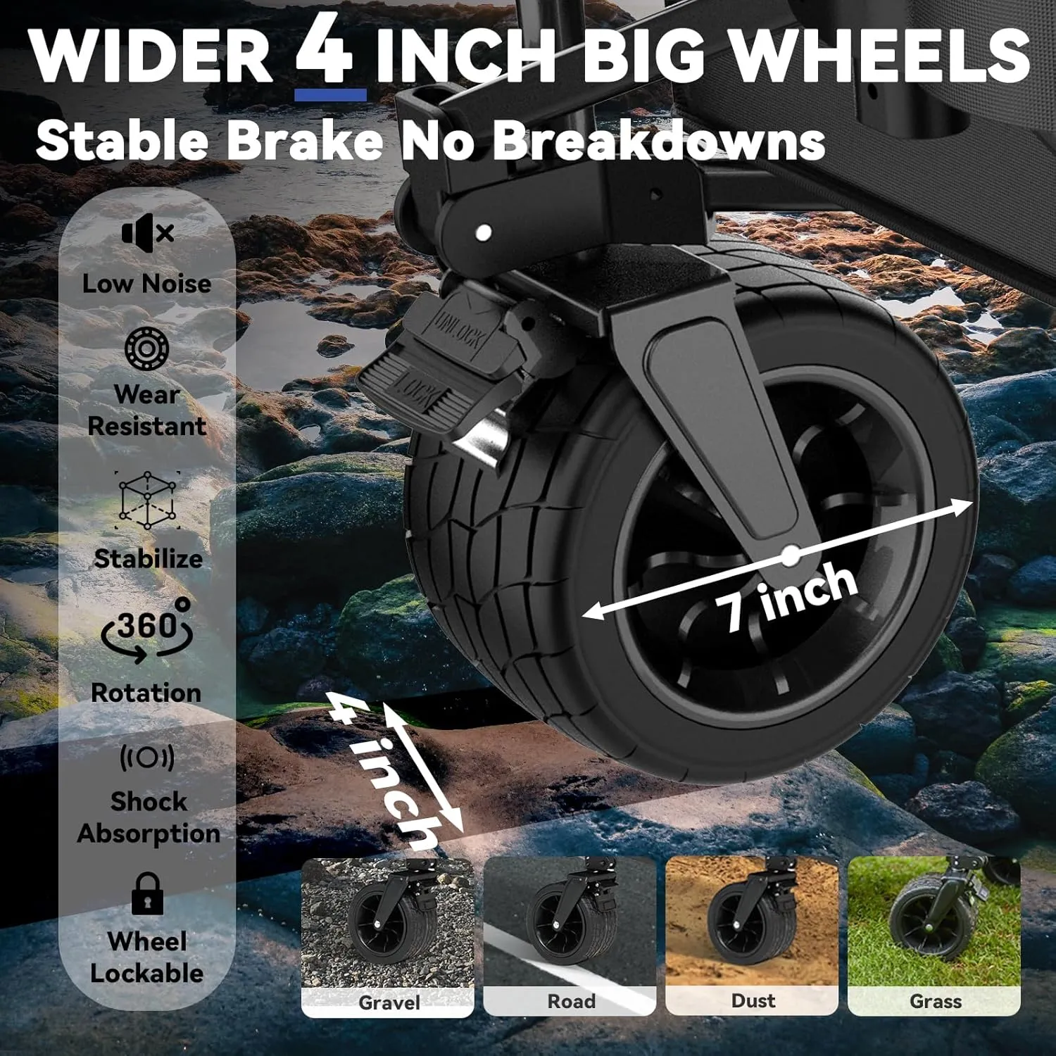 FUNDANGO 600lbs Collapsible Wagon, Foldable Beach Wagons Heavy Duty Garden Cart with Brakes, Side Pockets & All-Terrain Big Wheels for Sports Camping Shopping Groceries, Black