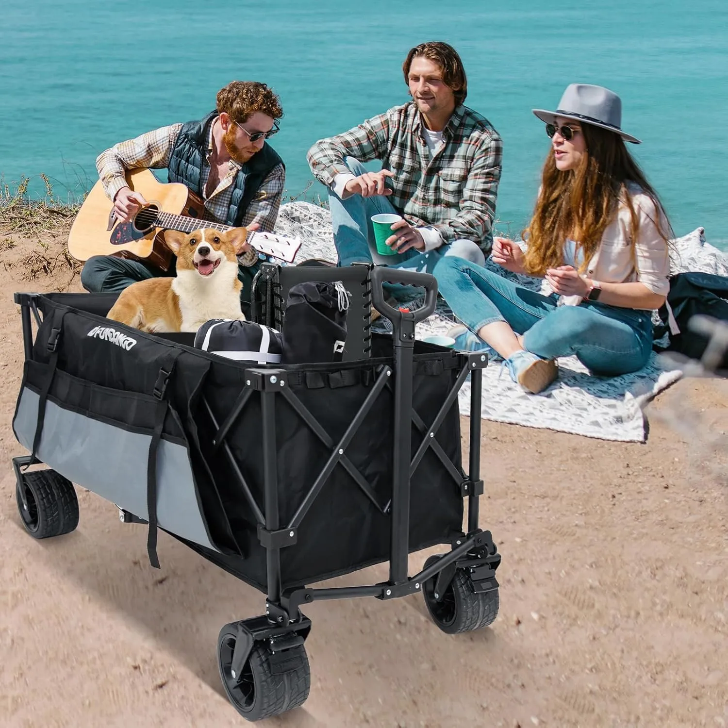 FUNDANGO 600lbs Collapsible Wagon, Foldable Beach Wagons Heavy Duty Garden Cart with Brakes, Side Pockets & All-Terrain Big Wheels for Sports Camping Shopping Groceries, Black