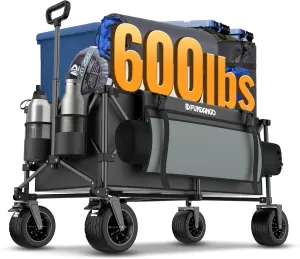 FUNDANGO 600lbs Collapsible Wagon, Foldable Beach Wagons Heavy Duty Garden Cart with Brakes, Side Pockets & All-Terrain Big Wheels for Sports Camping Shopping Groceries, Black