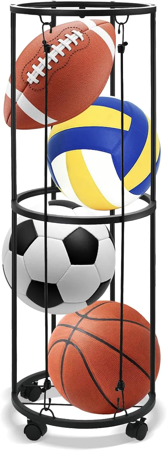 Garage Ball Storage Rack - Garage Ball Storage Vertical Ball Rack with 4 Wheels Basketball Soccer Ball Holder, Wall-Mounted Vertical Ball Holder for Basketball, Soccer, Volleyball, Football