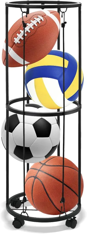 Garage Ball Storage Rack - Garage Ball Storage Vertical Ball Rack with 4 Wheels Basketball Soccer Ball Holder, Wall-Mounted Vertical Ball Holder for Basketball, Soccer, Volleyball, Football