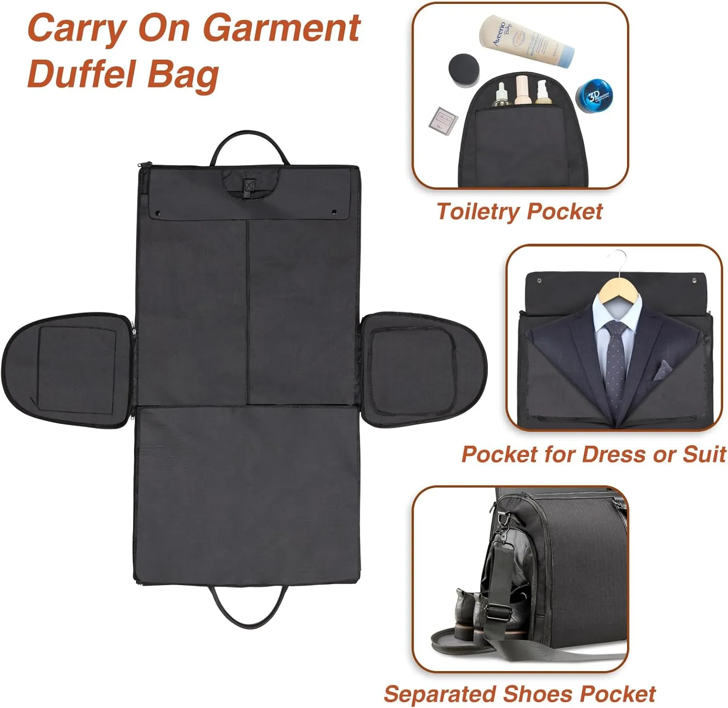 Garment Bag for Travel, Carry On Garment bag, Convertible Duffel Bag with Shoe Compartment, Perfect for Business Trips and Weekend Getaways, Black