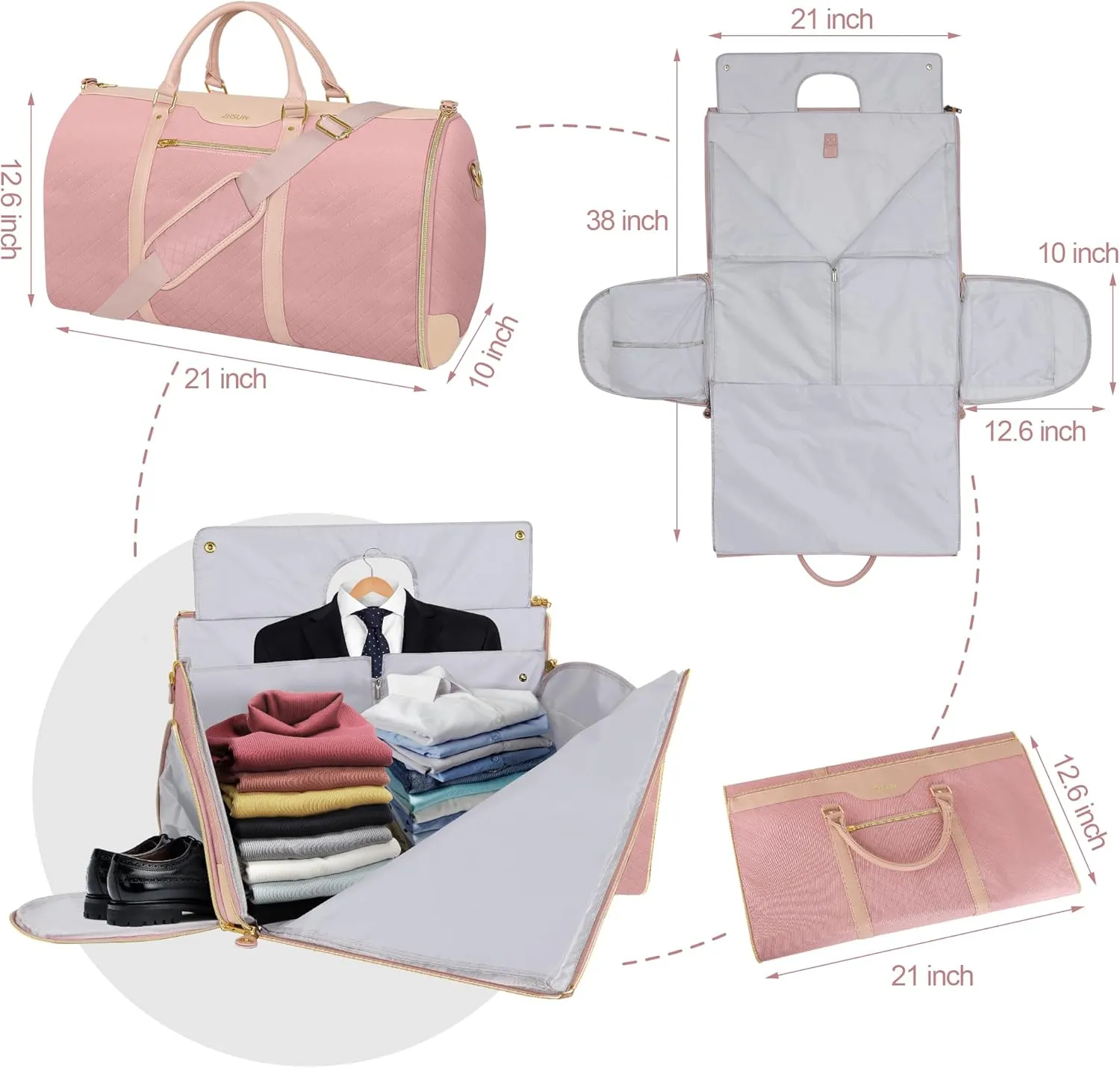 Garment Bag for Travel, Carry On Garment bag, Convertible Duffel Bag with Shoe Compartment, Perfect for Business Trips and Weekend Getaways(Pink)