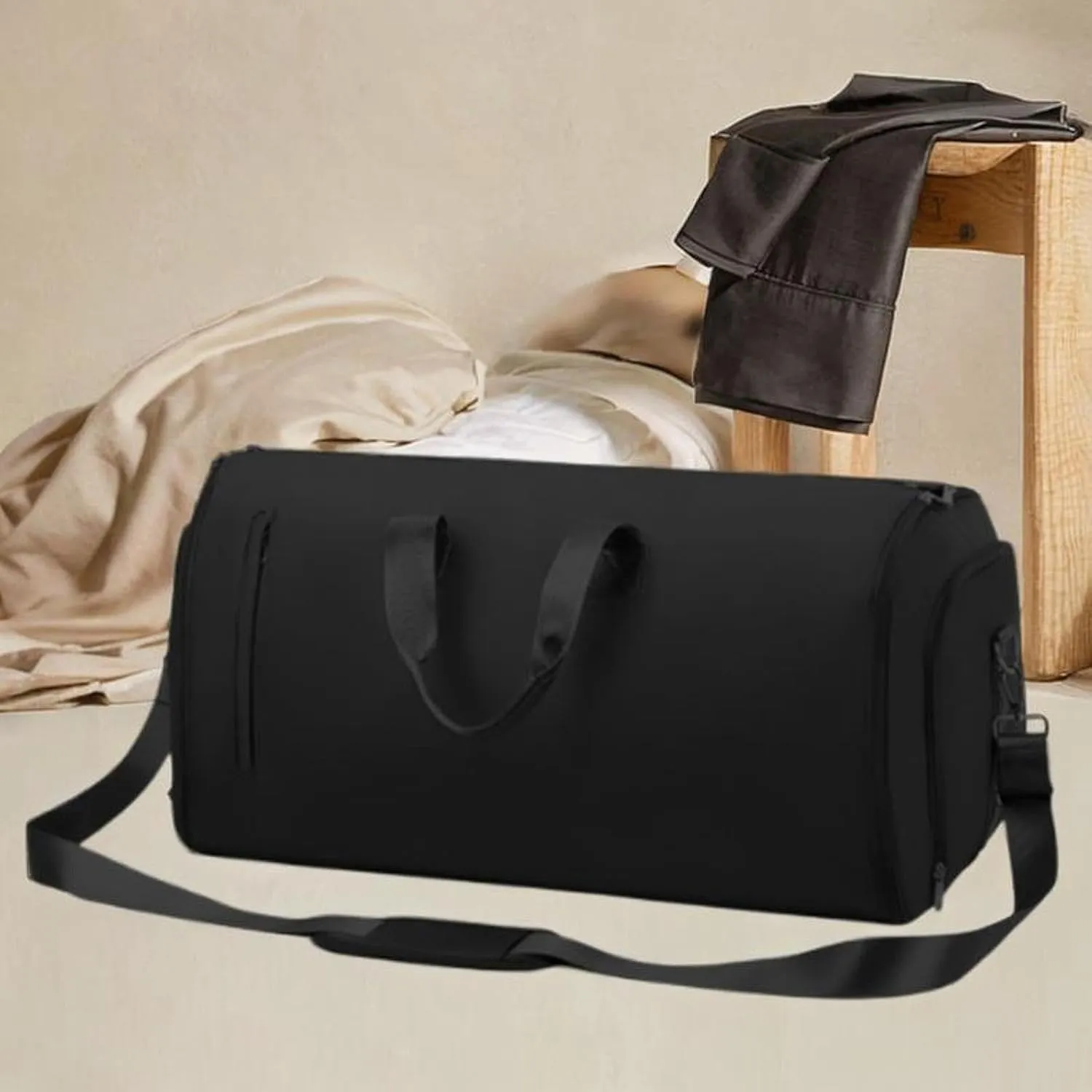 Garment Bag Weekender Bag Leather Duffle Bag for for Men Camping Hiking Outdoor, Black
