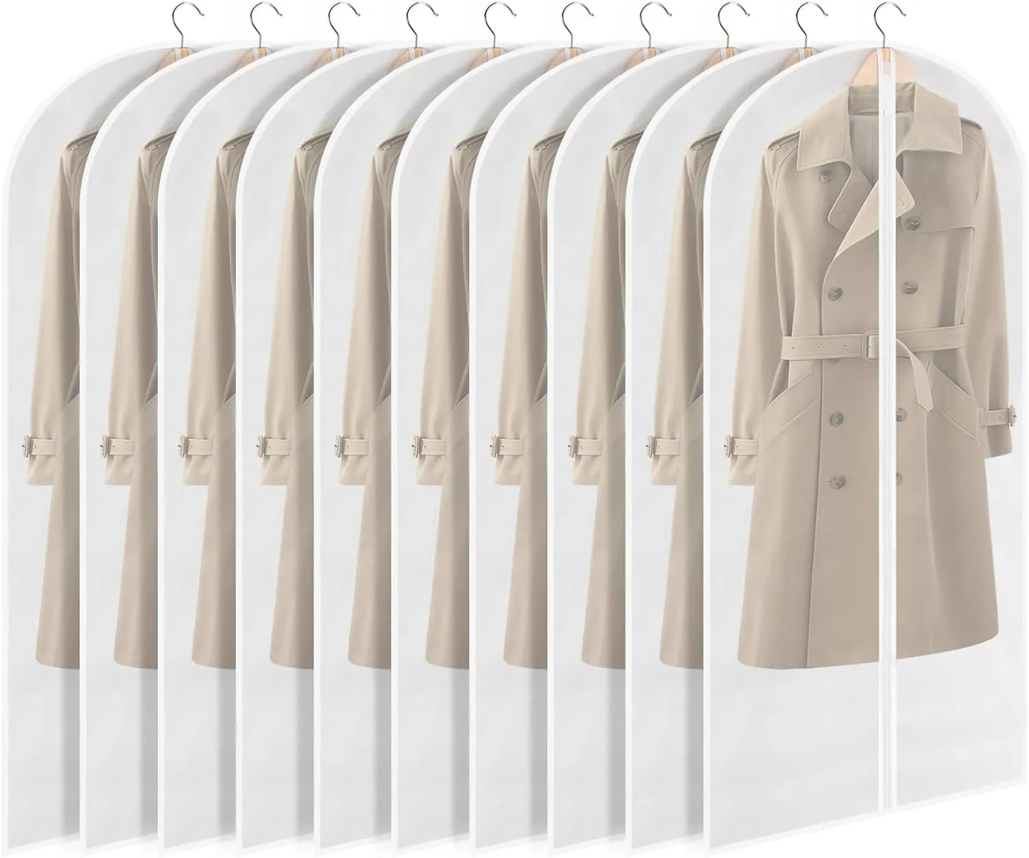 Garment Bags for Hanging Clothes, Set of 10 Clear Suit Bags for Closet Wardrobe Storage, Dust-Proof Dress Bags Cover Protectors with Zipper, PEVA Moth-Proof Breathable, 24” x 48”
