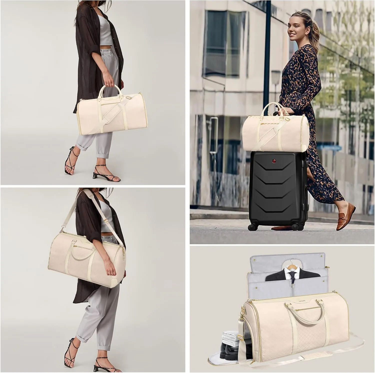 Garment Bags for Travel, Carry-On Suit Bag, Convertible Garment & Duffel Bag with Shoe Compartment, Perfect for Business Trips & Weekend Getaways,New Beige